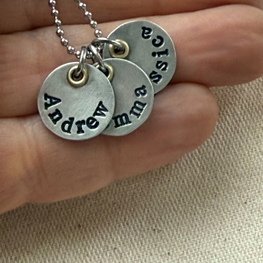 Mothers necklace with kids names - silver charms with gold accents - drake designs jewelry