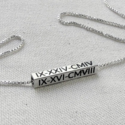 Personalized Sterling Silver Horizontal 3D Bar Necklace with Roman Numerals or Names - Derake Designs Jewelry