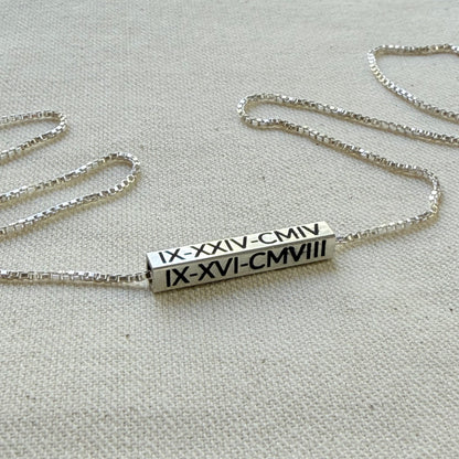 Personalized Sterling Silver Horizontal 3D Bar Necklace with Roman Numerals or Names - Derake Designs Jewelry