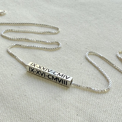 Personalized Sterling Silver Horizontal 3D Bar Necklace with Roman Numerals or Names - Derake Designs Jewelry