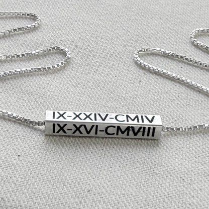 Personalized Sterling Silver Horizontal 3D Bar Necklace with Roman Numerals or Names - Derake Designs Jewelry