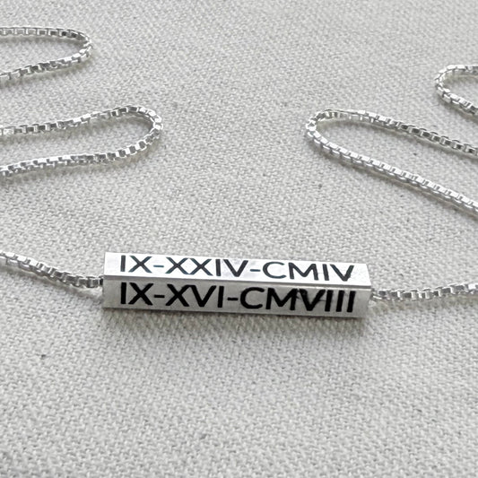 Personalized Sterling Silver Horizontal 3D Bar Necklace with Roman Numerals or Names - Derake Designs Jewelry