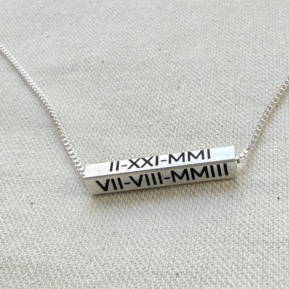 Personalized Sterling Silver Horizontal 3D Bar Necklace with Roman Numerals or Names - Derake Designs Jewelry