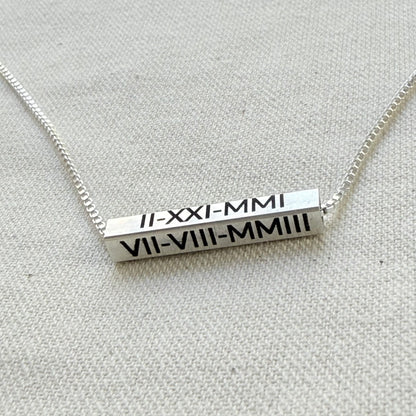 Personalized Sterling Silver Horizontal 3D Bar Necklace with Roman Numerals or Names - Derake Designs Jewelry