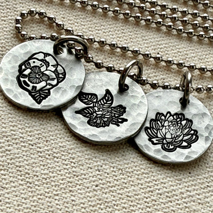 Hammered birth flower necklace for mom with meaning cards made from original watercolor paintings- personalized for mom - drake designs jewelry