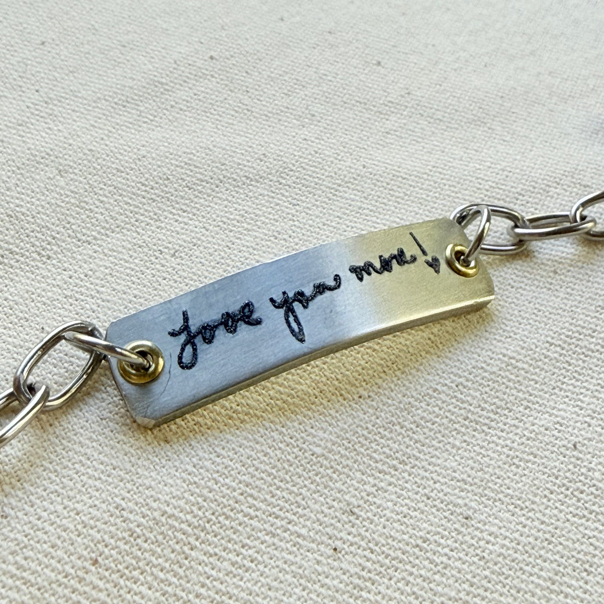 silver and gold bracelet with loved ones actual handwriting engraved - memorial jewelry - drake designs jewelry