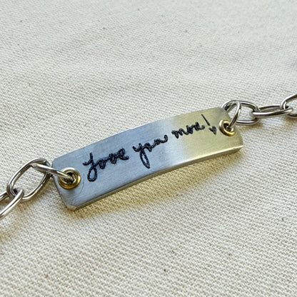 silver and gold bracelet with loved ones actual handwriting engraved - memorial jewelry - drake designs jewelry