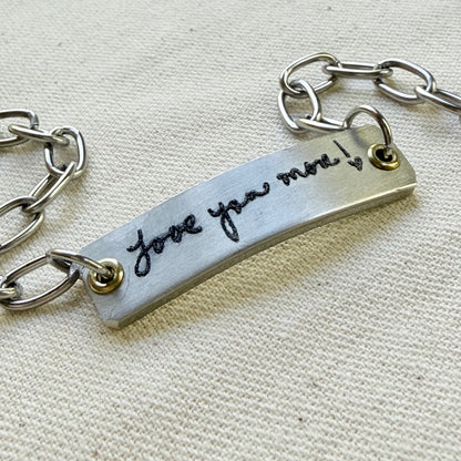 silver and gold bracelet with loved ones actual handwriting engraved - memorial jewelry - drake designs jewelry