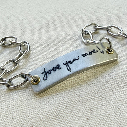 silver and gold bracelet with loved ones actual handwriting engraved - memorial jewelry - drake designs jewelry