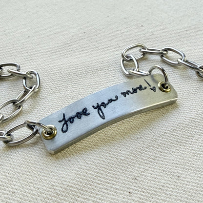 silver and gold bracelet with loved ones actual handwriting engraved - memorial jewelry - drake designs jewelry