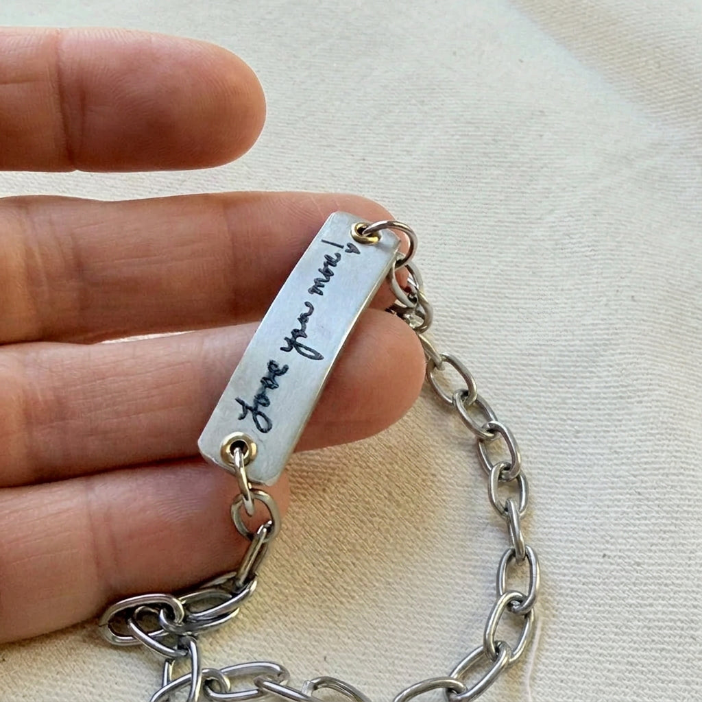 silver and gold bracelet with loved ones actual handwriting engraved - memorial jewelry - drake designs jewelry