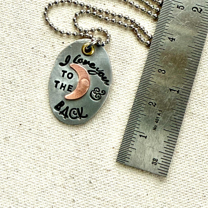 I Love You to the moon and back Necklace   - Oval Silver Pendant with hand riveted copper moon and golden brass accents - Drake  Designs Jewelry
