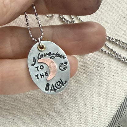 I Love You to the moon and back Necklace   - Oval Silver Pendant with hand riveted copper moon and golden brass accents - Drake Designs Jewelry