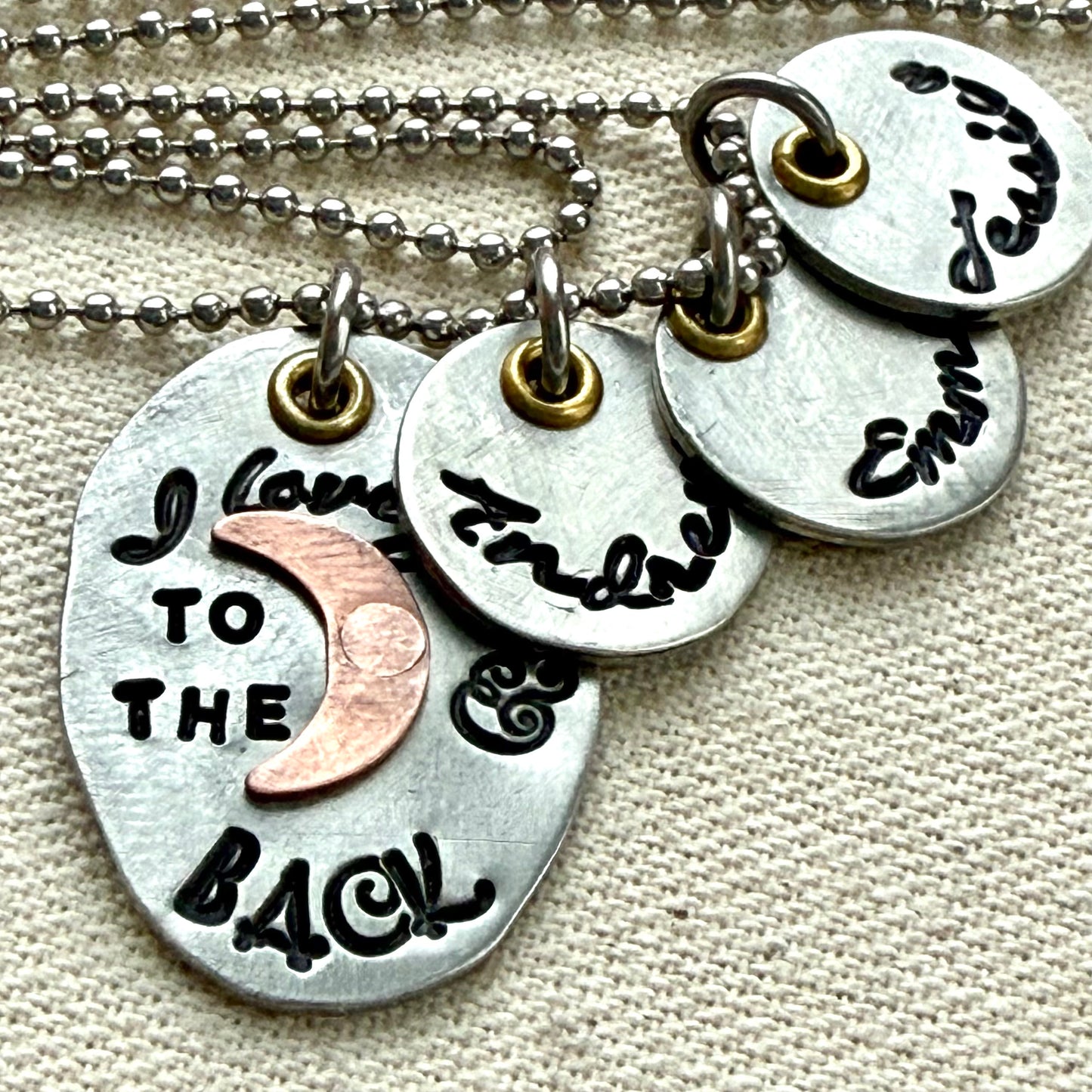 I Love You to the moon and back Necklace   - Oval Silver Pendant with hand riveted copper moon and golden brass accents - with option of personalized kids name charms- Drake  Designs Jewelry