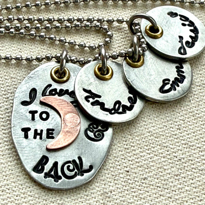I Love You to the moon and back Necklace   - Oval Silver Pendant with hand riveted copper moon and golden brass accents - with option of personalized kids name charms- Drake  Designs Jewelry