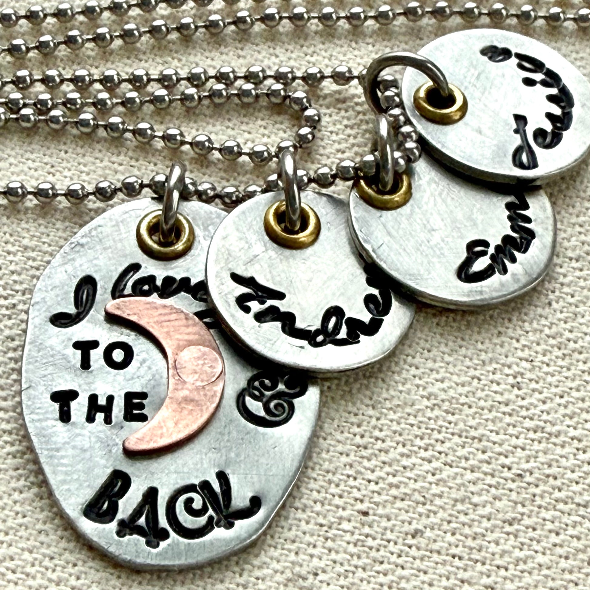 I Love You to the moon and back Necklace   - Oval Silver Pendant with hand riveted copper moon and golden brass accents - with option of personalized kids name charms- Drake  Designs Jewelry