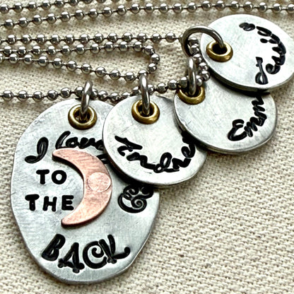I Love You to the moon and back Necklace   - Oval Silver Pendant with hand riveted copper moon and golden brass accents - with option of personalized kids name charms- Drake  Designs Jewelry