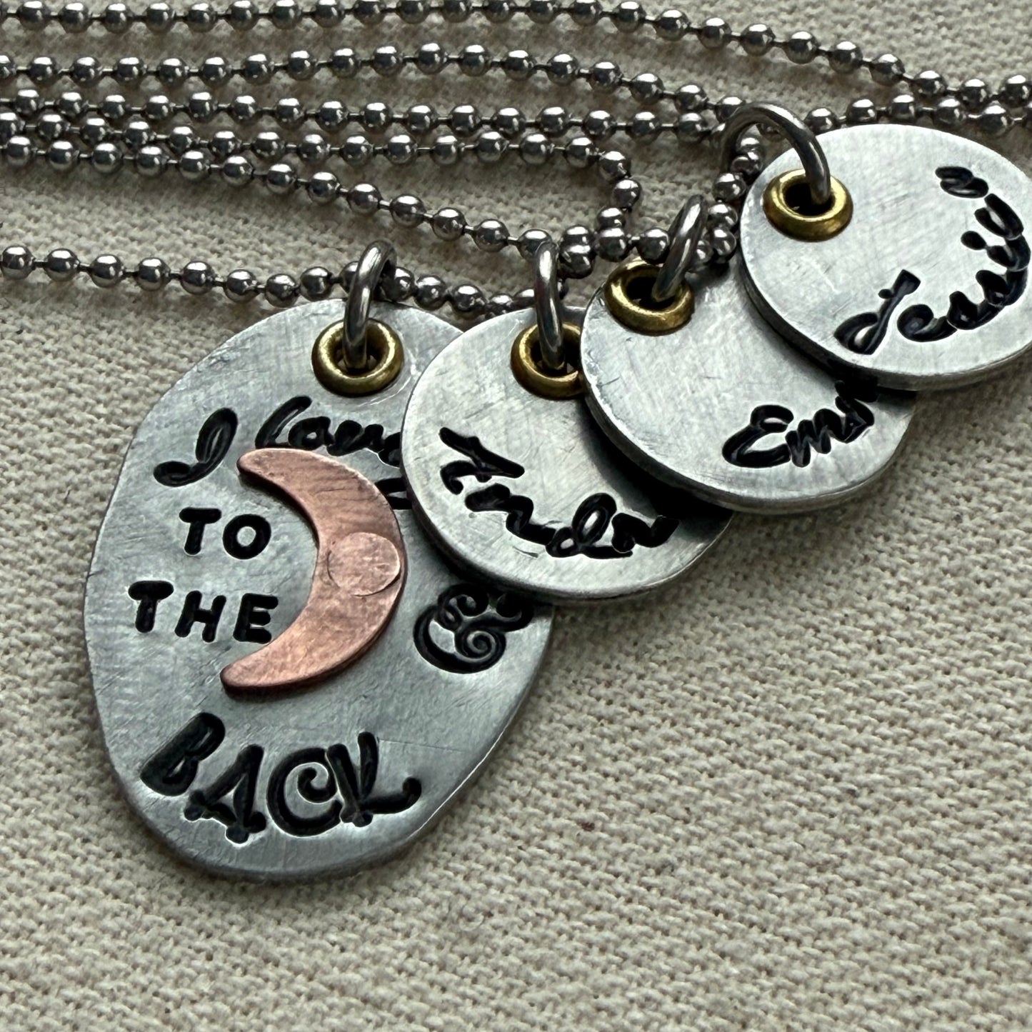 I Love You to the moon and back Necklace   - Oval Silver Pendant with hand riveted copper moon and golden brass accents - with option of personalized kids name charms- Drake  Designs Jewelry