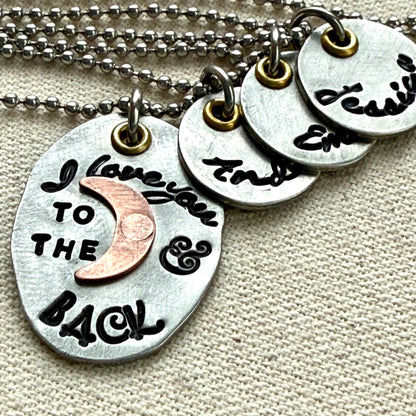 I Love You to the moon and back Necklace   - Oval Silver Pendant with hand riveted copper moon and golden brass accents - with option of personalized kids name charms- Drake  Designs Jewelry