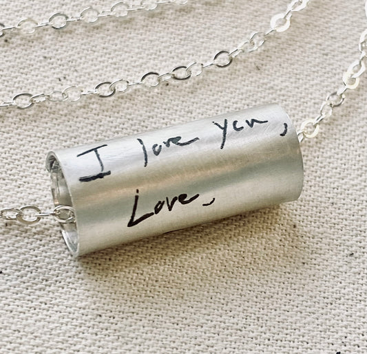 Sterling silver actual handwriting necklace.  Solid sterling silver and engraved with personalized actual handwriting.  Drake designs jewelry