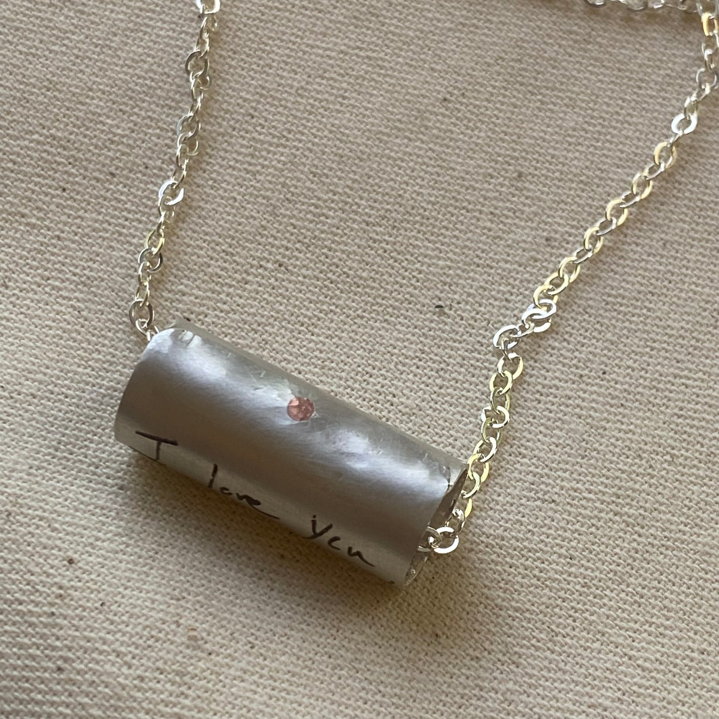 Sterling silver actual handwriting necklace.  Solid sterling silver and engraved with personalized actual handwriting.  Drake designs jewelry