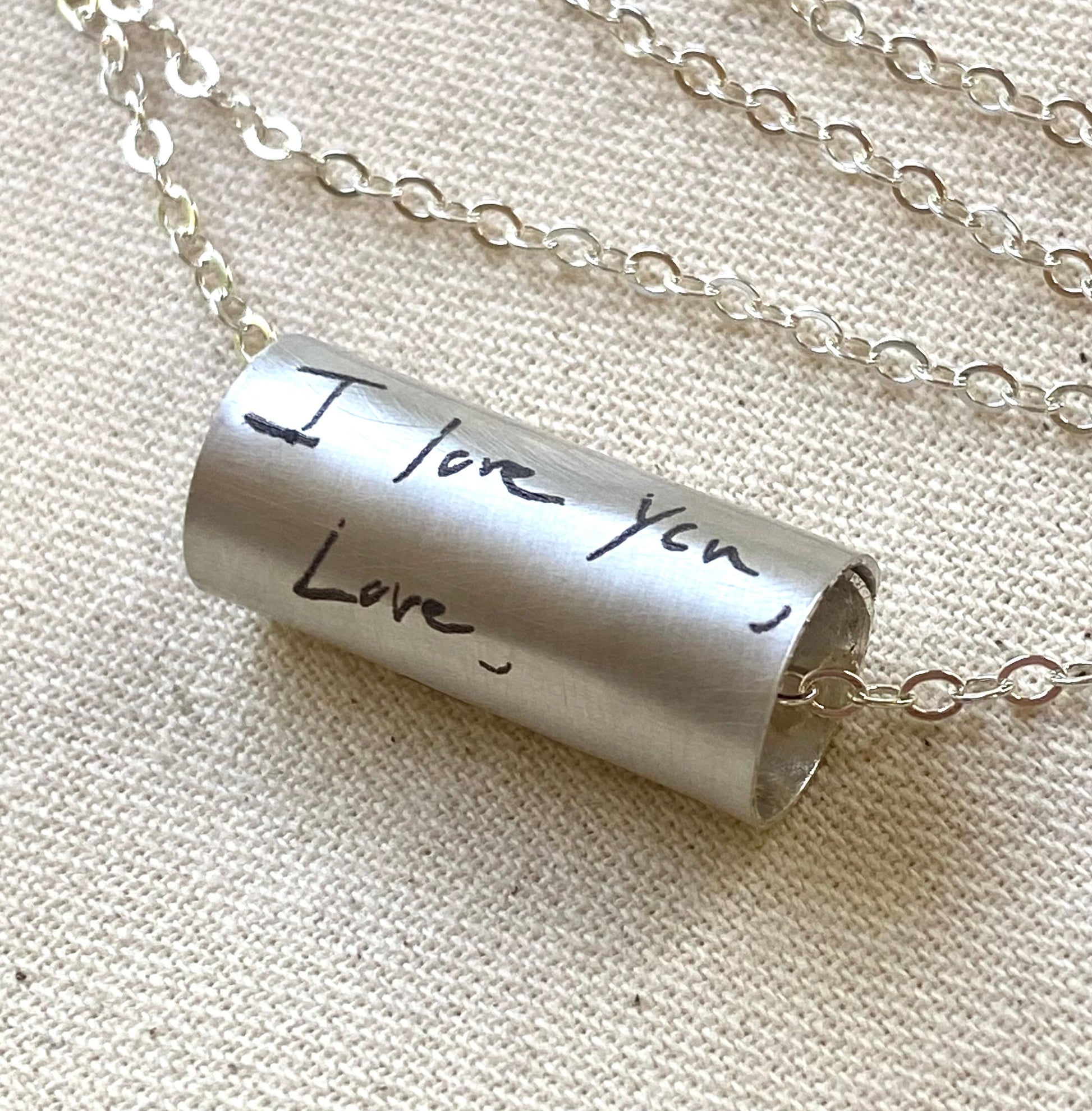 Sterling silver actual handwriting necklace.  Solid sterling silver and engraved with personalized actual handwriting.  Drake designs jewelry