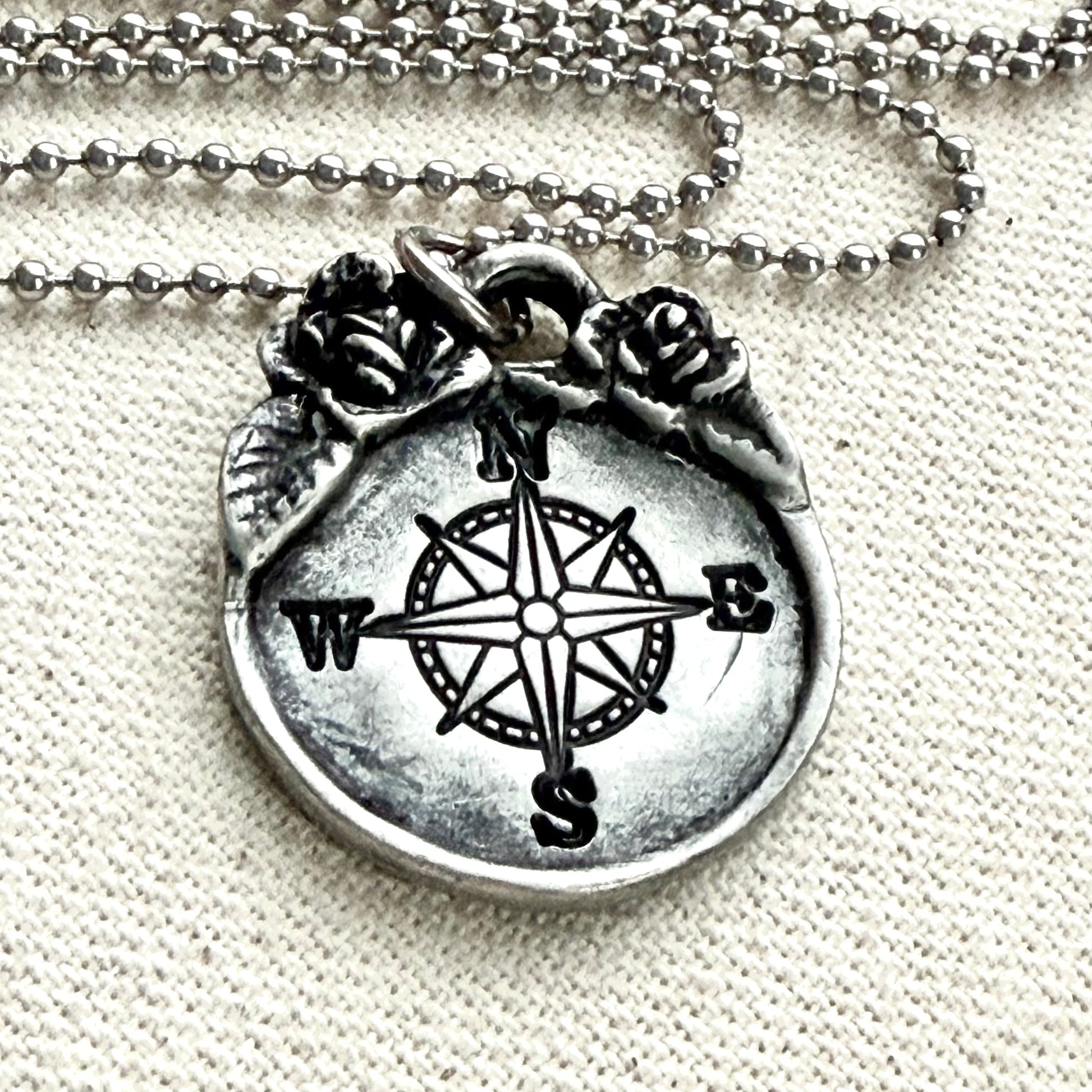 Compass Necklace with with Raised Floral Border with Rustic Vintage Style - drake designs jewelry