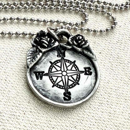 Compass Necklace with with Raised Floral Border with Rustic Vintage Style - drake designs jewelry