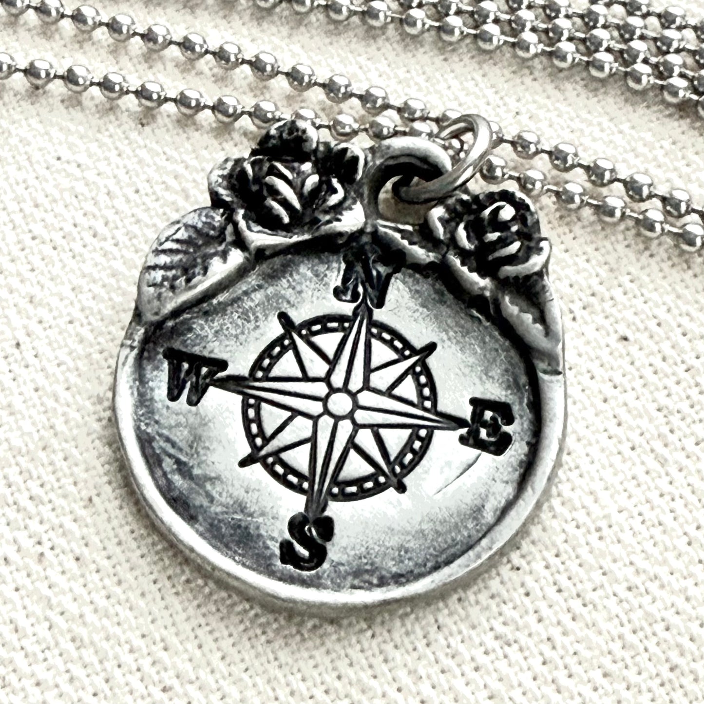 Compass Necklace with with Raised Floral Border with Rustic Vintage Style - drake designs jewelry