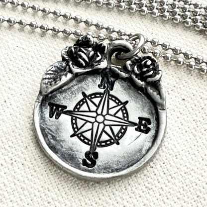 Compass Necklace with with Raised Floral Border with Rustic Vintage Style - drake designs jewelry