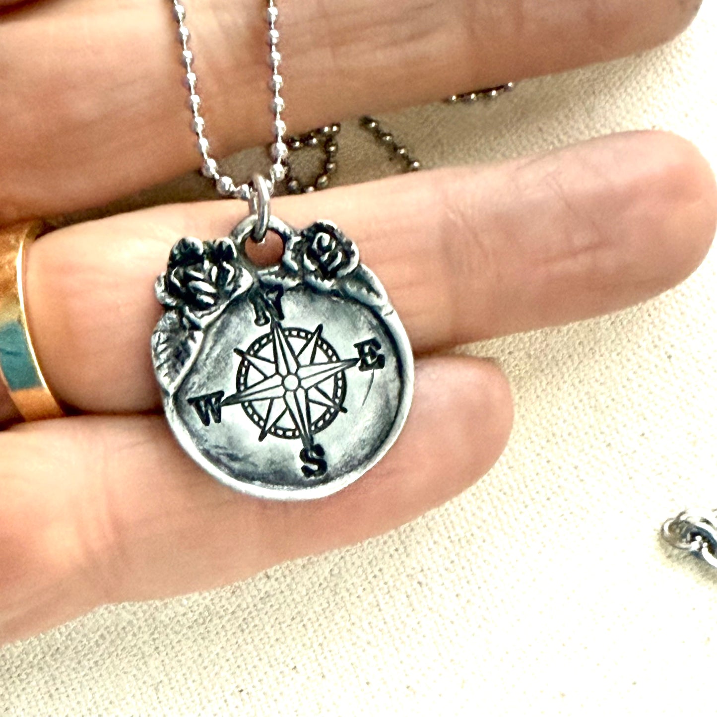Compass Necklace with with Raised Floral Border with Rustic Vintage Style - drake designs jewelry
