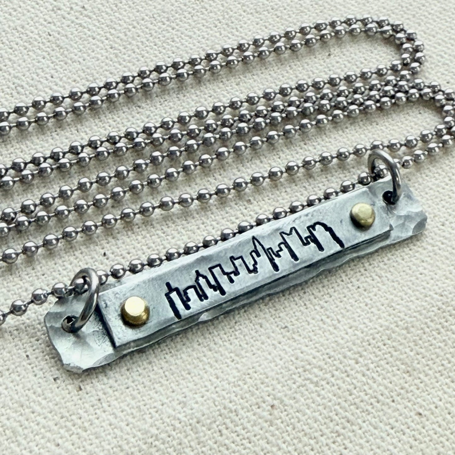 Hammered Skyline Bar Necklace - Columbus, Philadelphia, Indianapolis, Cincinnati, New Orleans, Washington DC, Atlanta, Las Vegas, Dallas, Detroit, Houston, San FrancIsco, Boston, Seattle, Louisville, New York, Los Angelos, Chicago - drake designs jewelry