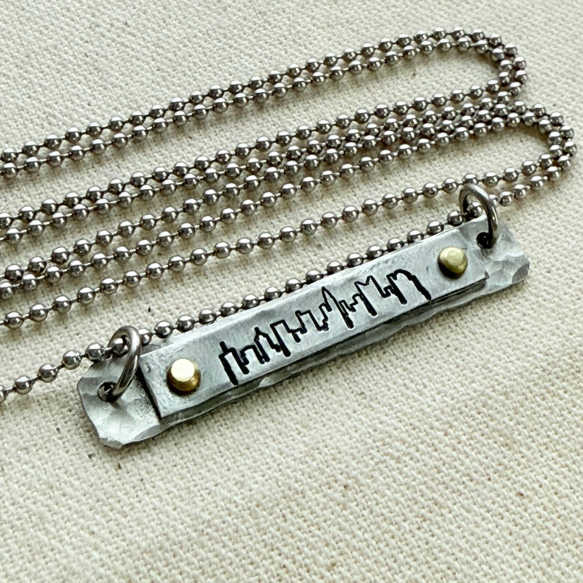 Hammered Skyline Bar Necklace - Columbus, Philadelphia, Indianapolis, Cincinnati, New Orleans, Washington DC, Atlanta, Las Vegas, Dallas, Detroit, Houston, San FrancIsco, Boston, Seattle, Louisville, New York, Los Angelos, Chicago - drake designs jewelry