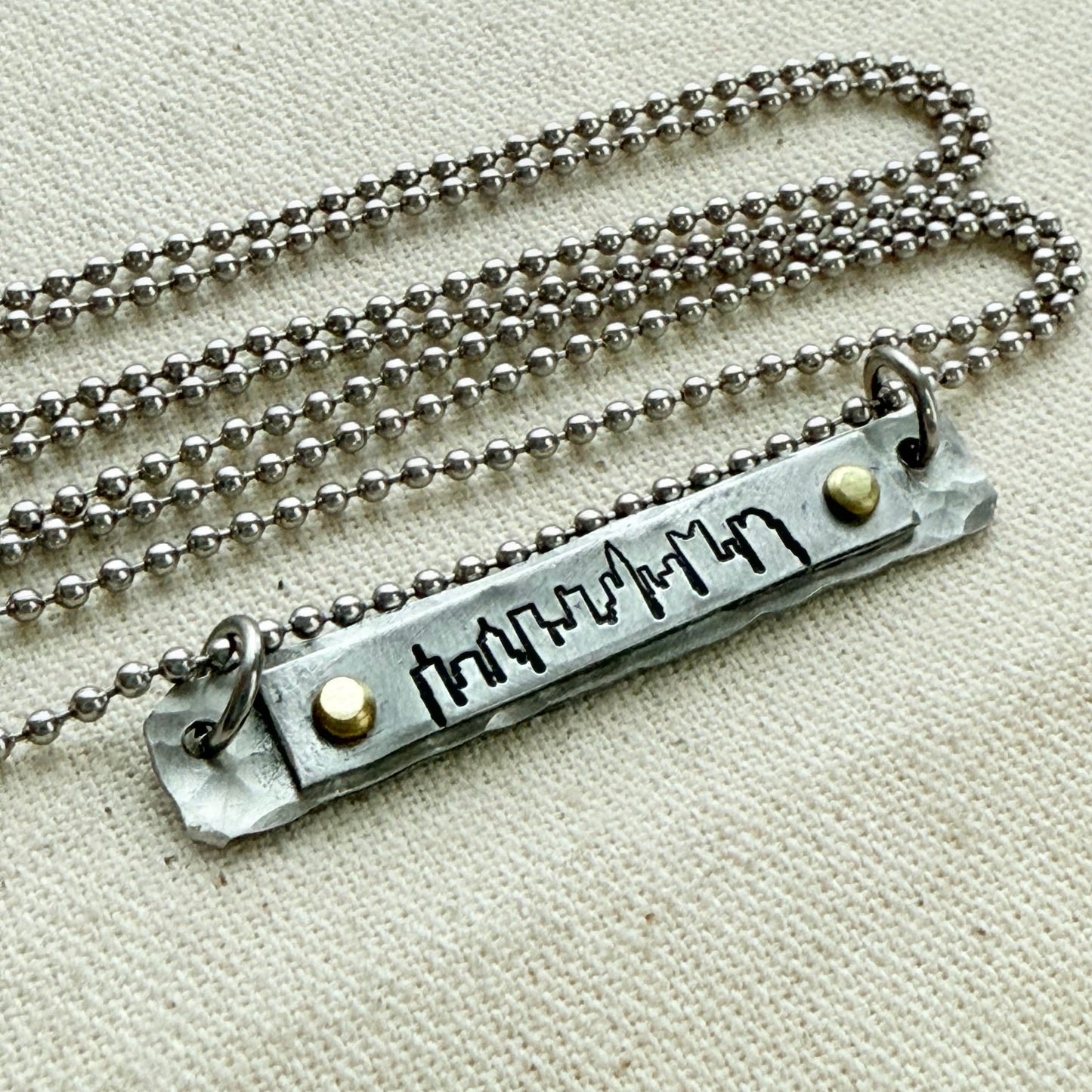 Hammered Skyline Bar Necklace - Columbus, Philadelphia, Indianapolis, Cincinnati, New Orleans, Washington DC, Atlanta, Las Vegas, Dallas, Detroit, Houston, San FrancIsco, Boston, Seattle, Louisville, New York, Los Angelos, Chicago - drake designs jewelry
