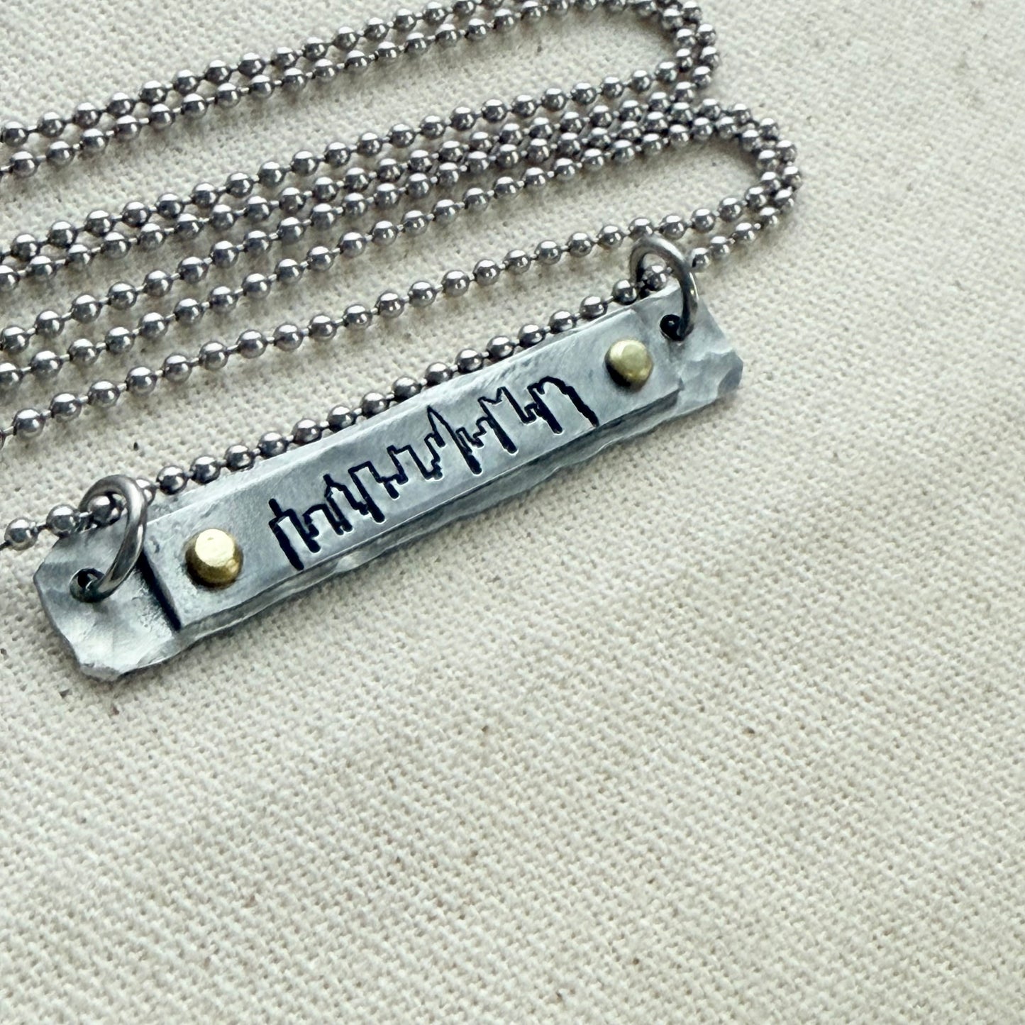 Hammered Skyline Bar Necklace - Columbus, Philadelphia, Indianapolis, Cincinnati, New Orleans, Washington DC, Atlanta, Las Vegas, Dallas, Detroit, Houston, San FrancIsco, Boston, Seattle, Louisville, New York, Los Angelos, Chicago - drake designs jewelry
