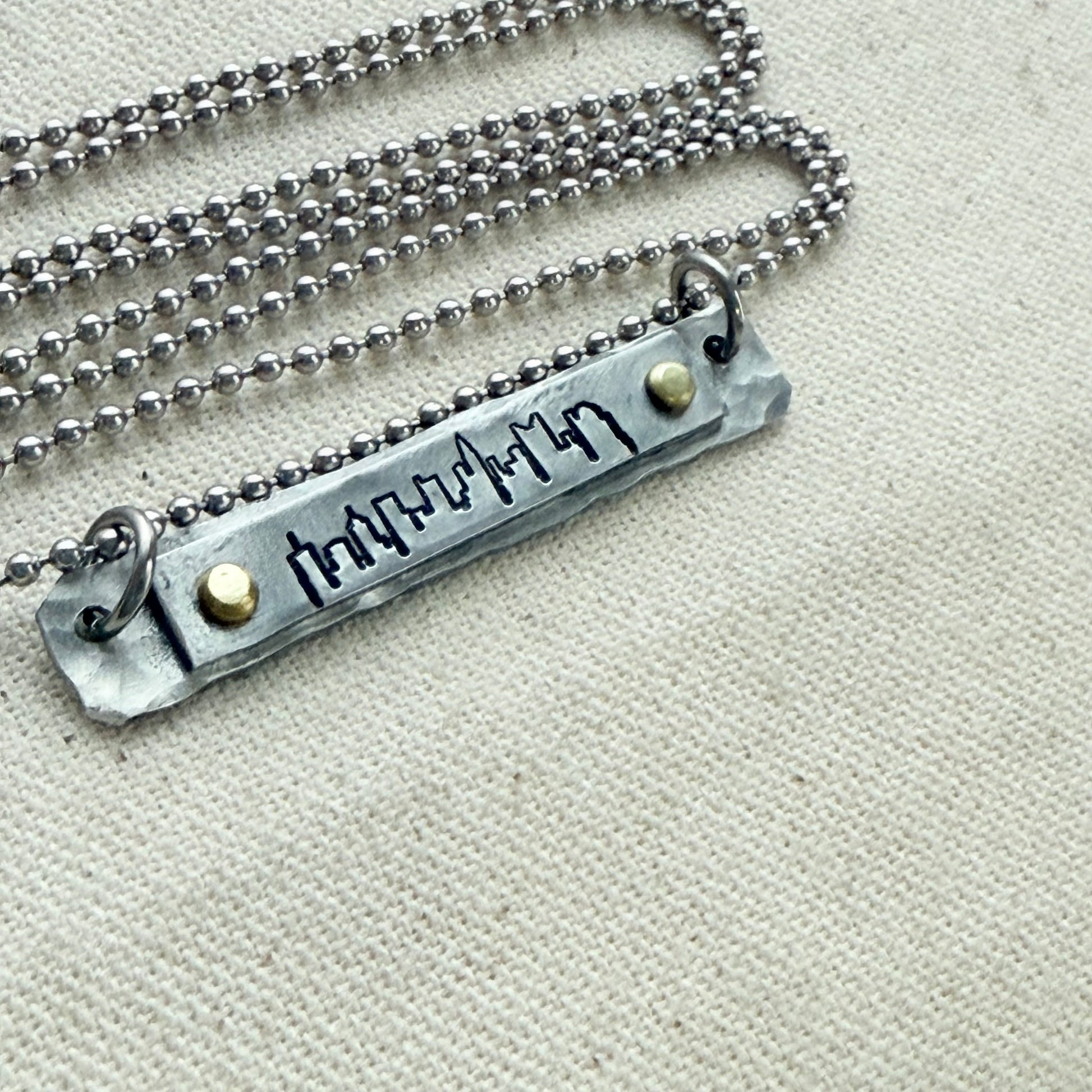 Hammered Skyline Bar Necklace - Columbus, Philadelphia, Indianapolis, Cincinnati, New Orleans, Washington DC, Atlanta, Las Vegas, Dallas, Detroit, Houston, San FrancIsco, Boston, Seattle, Louisville, New York, Los Angelos, Chicago - drake designs jewelry