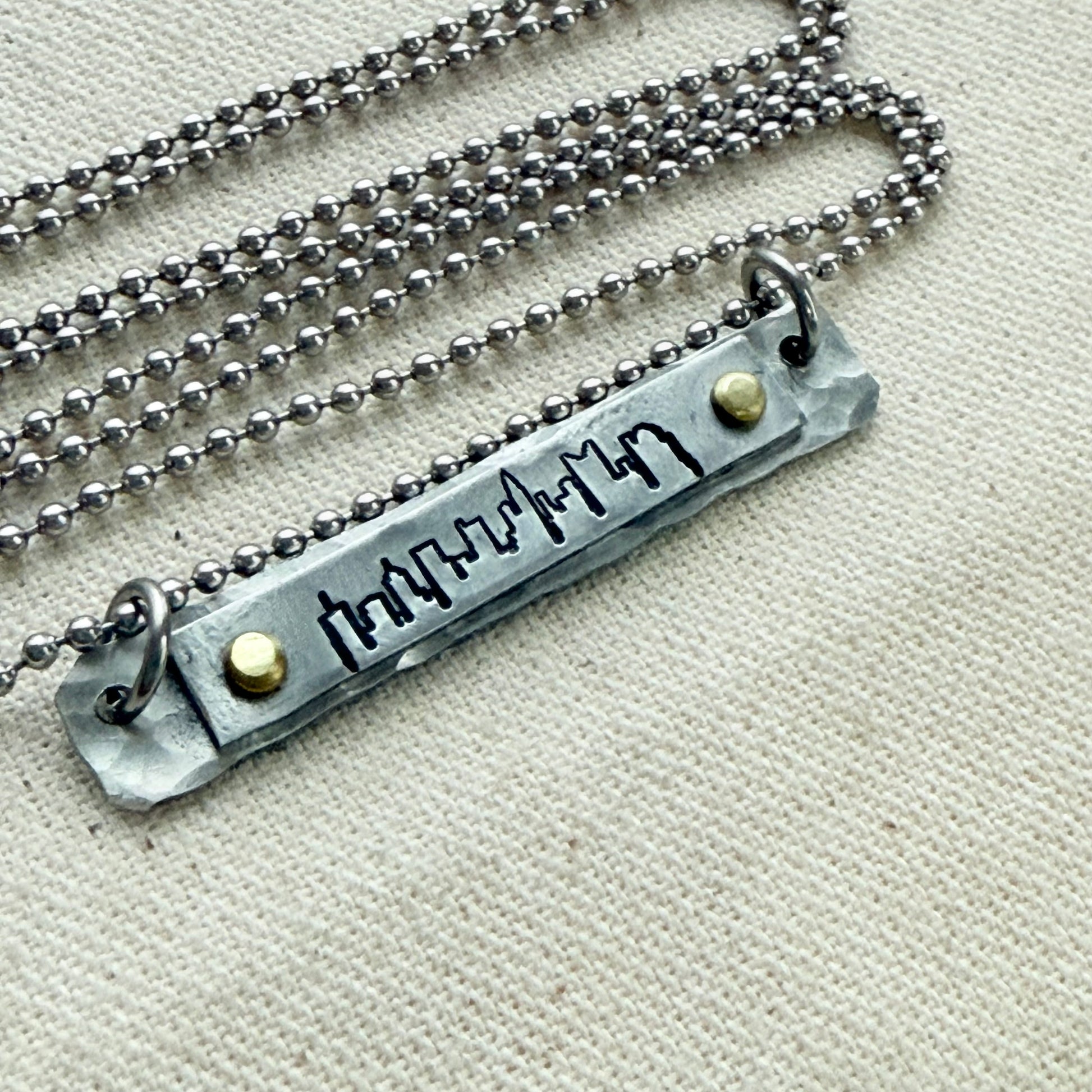 Hammered Skyline Bar Necklace - Columbus, Philadelphia, Indianapolis, Cincinnati, New Orleans, Washington DC, Atlanta, Las Vegas, Dallas, Detroit, Houston, San FrancIsco, Boston, Seattle, Louisville, New York, Los Angelos, Chicago - drake designs jewelry