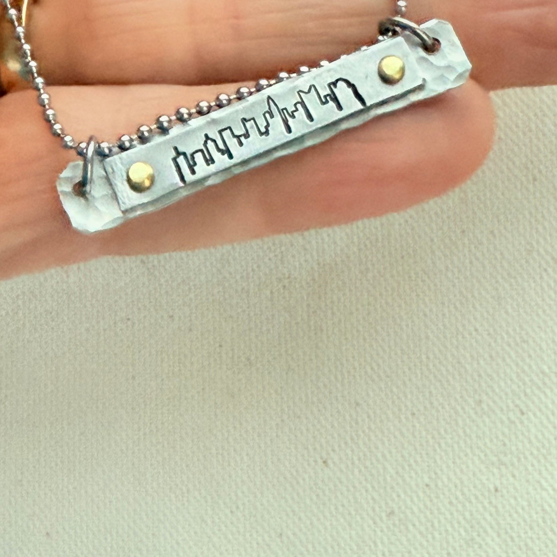 Silver and gold Hammered Skyline Bar Necklace - Columbus, Philadelphia, Indianapolis, Cincinnati, New Orleans, Washington DC, Atlanta, Las Vegas, Dallas, Detroit, Houston, San FrancIsco, Boston, Seattle, Louisville, New York, Los Angelos, Chicago - drake designs jewelry