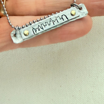 Silver and gold Hammered Skyline Bar Necklace - Columbus, Philadelphia, Indianapolis, Cincinnati, New Orleans, Washington DC, Atlanta, Las Vegas, Dallas, Detroit, Houston, San FrancIsco, Boston, Seattle, Louisville, New York, Los Angelos, Chicago - drake designs jewelry