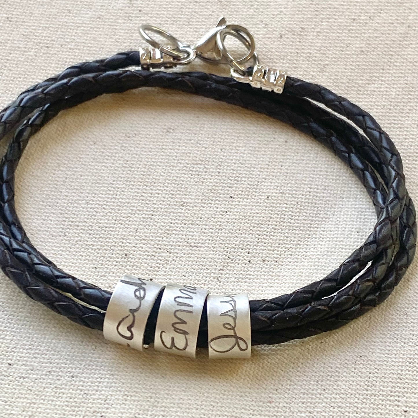 personalized actual handwriting bracelet.  custo handwriting engraved on sterling silver riveted pendant on triple wrapped braided leather - drake designs jewelry
