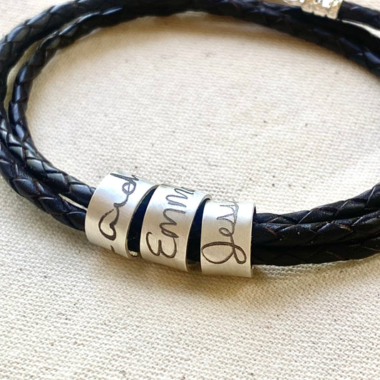 personalized actual handwriting bracelet.  custo handwriting engraved on sterling silver riveted pendant on triple wrapped braided leather - drake designs jewelry