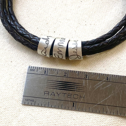 personalized actual handwriting bracelet.  custo handwriting engraved on sterling silver riveted pendant on triple wrapped braided leather - drake designs jewelry