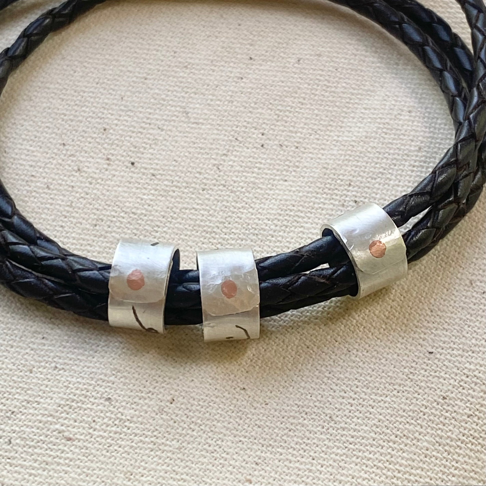 personalized actual handwriting bracelet.  custo handwriting engraved on sterling silver riveted pendant on triple wrapped braided leather - drake designs jewelry