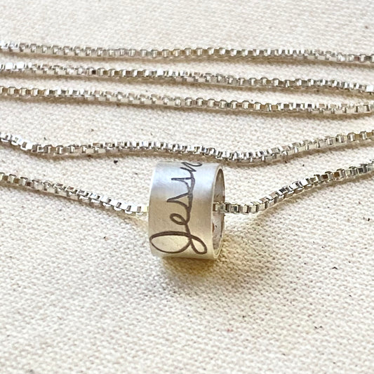 Actual handwriting necklace with engraved handwriting on bead charm solid sterling silver and hand riveted - drake designs jewelry