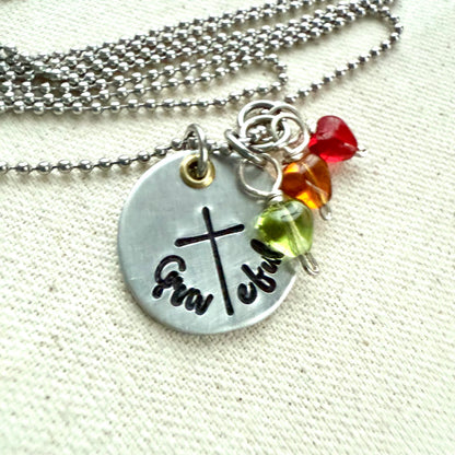 Grateful Mom or Grandma Necklace with Cross-  Personalized with Children’s Birthstones