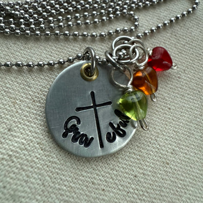 Grateful Mom or Grandma Necklace with Cross-  Personalized with Children’s Birthstones