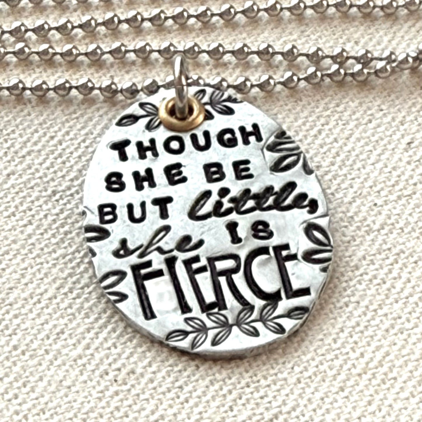 She is Fierce Necklace- Shakespeare quote jewelry -oval mixed metal pendant stamped in multiple fonts - drake designs jewelry