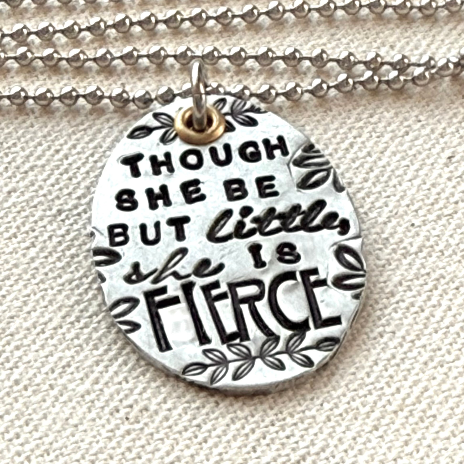 She is Fierce Necklace- Shakespeare quote jewelry -oval mixed metal pendant stamped in multiple fonts - drake designs jewelry