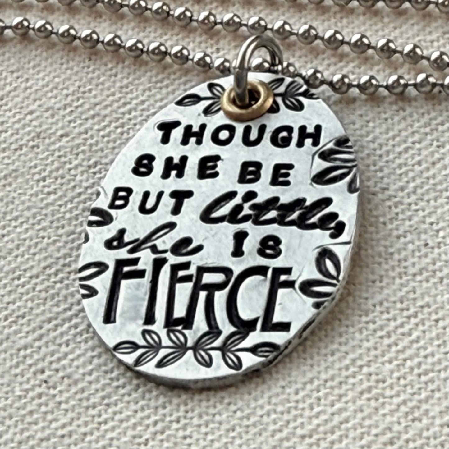 She is Fierce Necklace- Shakespeare quote jewelry -oval silver and gold pendant stamped in multiple fonts - drake designs jewelry