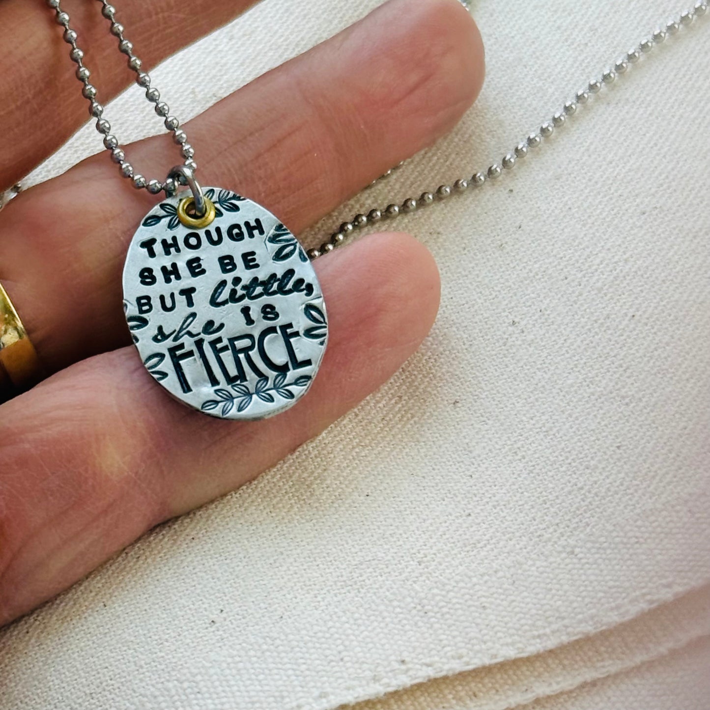 Though she be but little, She is Fierce Necklace- Shakespeare quote jewelry -oval mixed metal pendant stamped in multiple fonts - drake designs jewelry